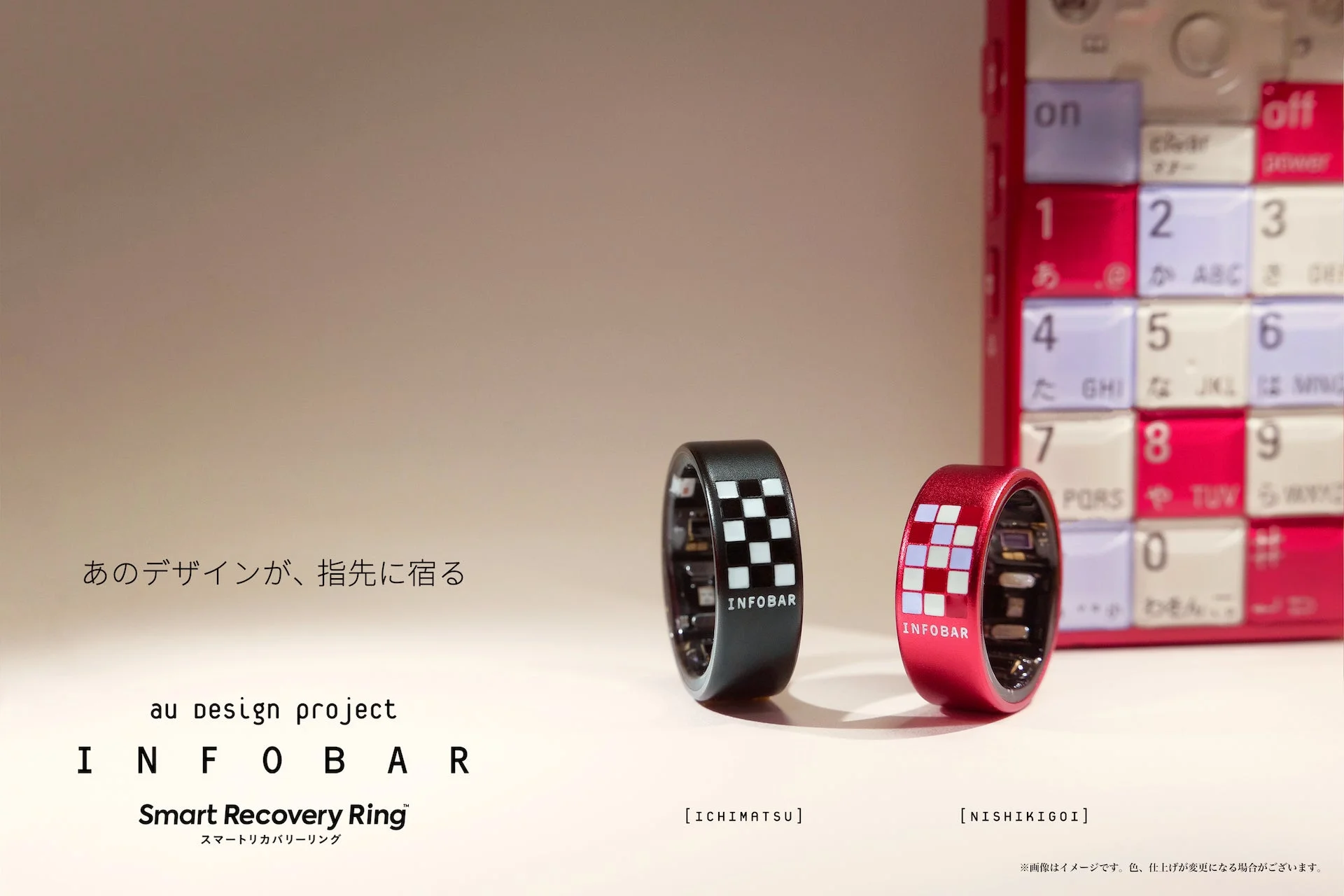 INFOBARコラボデザインのスマートリカバリーリングとINFOBARケータイの一部