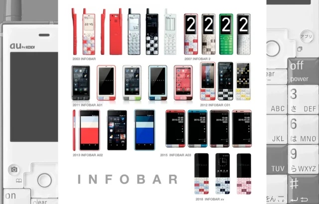 INFOBARシリーズ歴代モデルの集合写真
