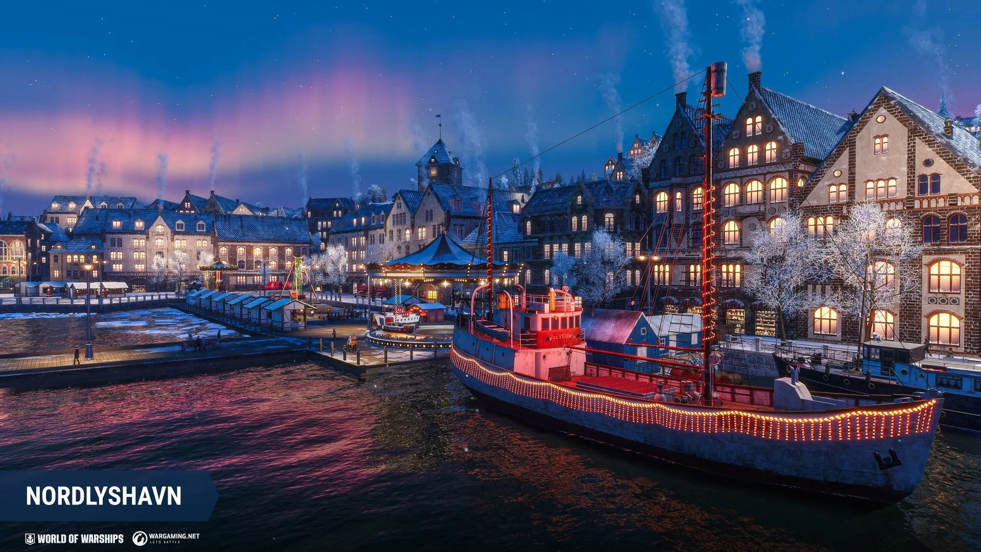 ライトアップされたノルディスハーフン港の夜景