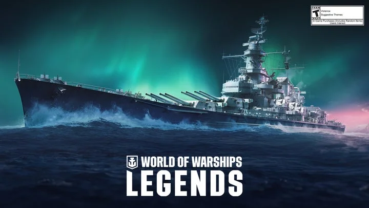 『World of Warships: Legends』のロゴと戦艦