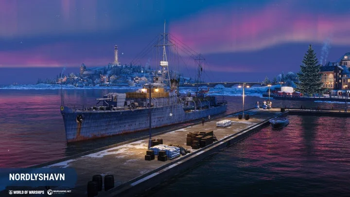 『World of Warships: Legends』のノルディスハーフン港に停泊する駆逐艦