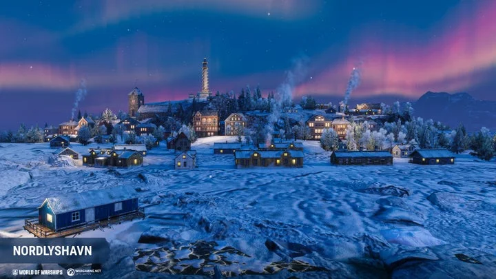 『World of Warships: Legends』のノルディスハーフン港の遠景