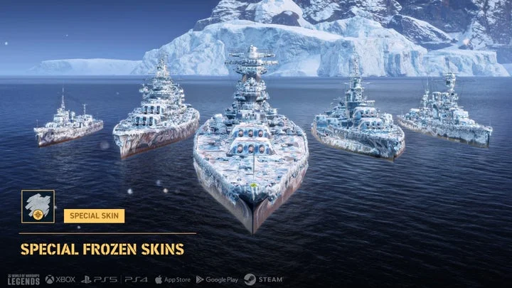 『World of Warships: Legends』のスペシャルフローズンスキンをまとった艦艇群