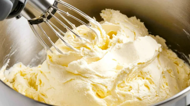 泡立て器で混ぜられるバタークリーム