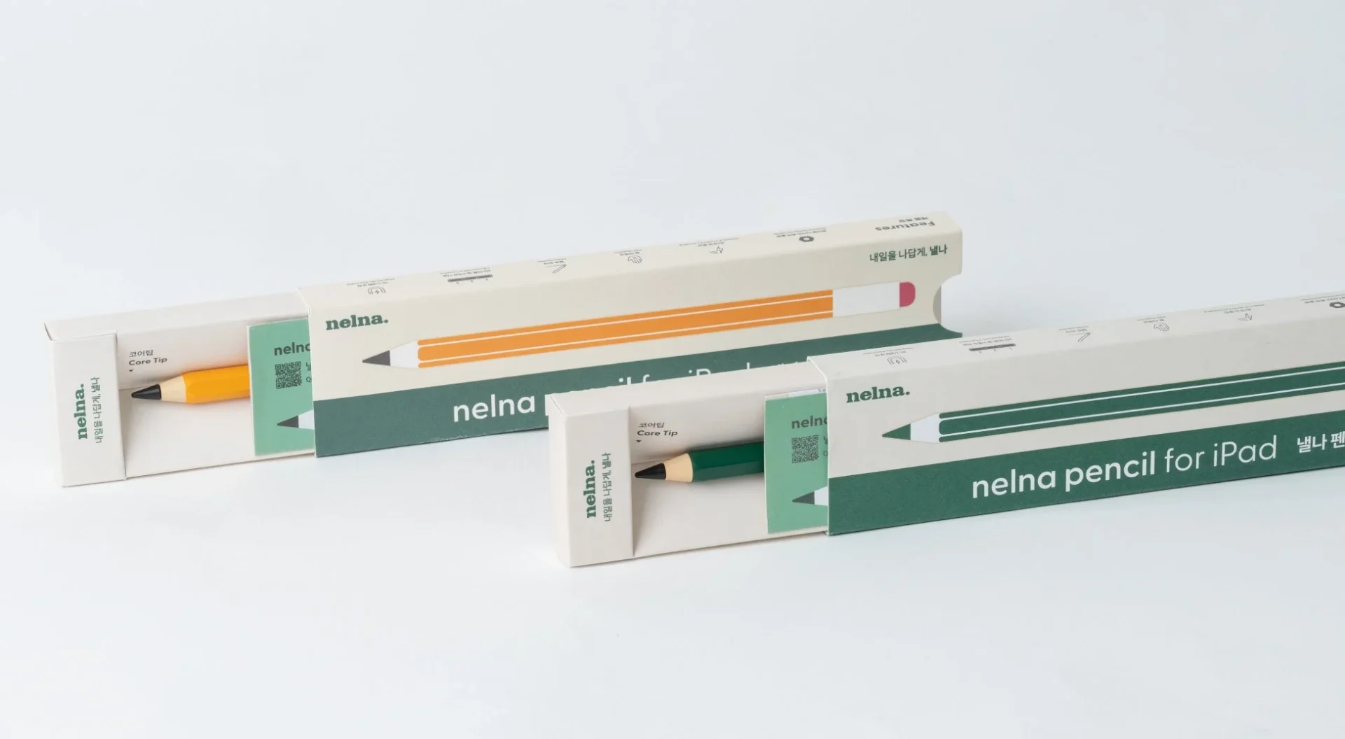 Nelna Pencilのグリーンとイエローの製品パッケージ