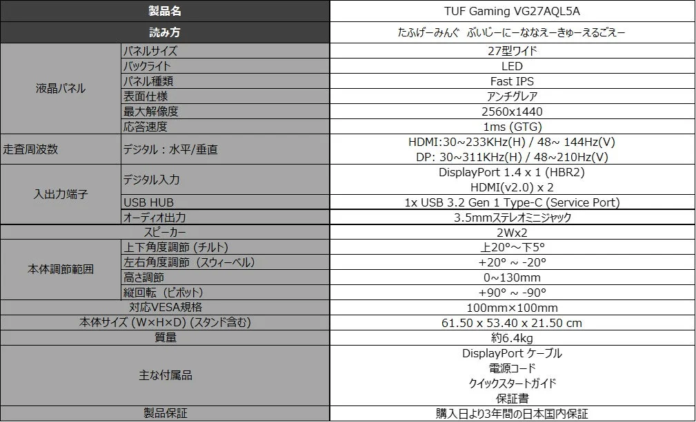 TUF Gaming VG27AQL5Aの製品仕様詳細表