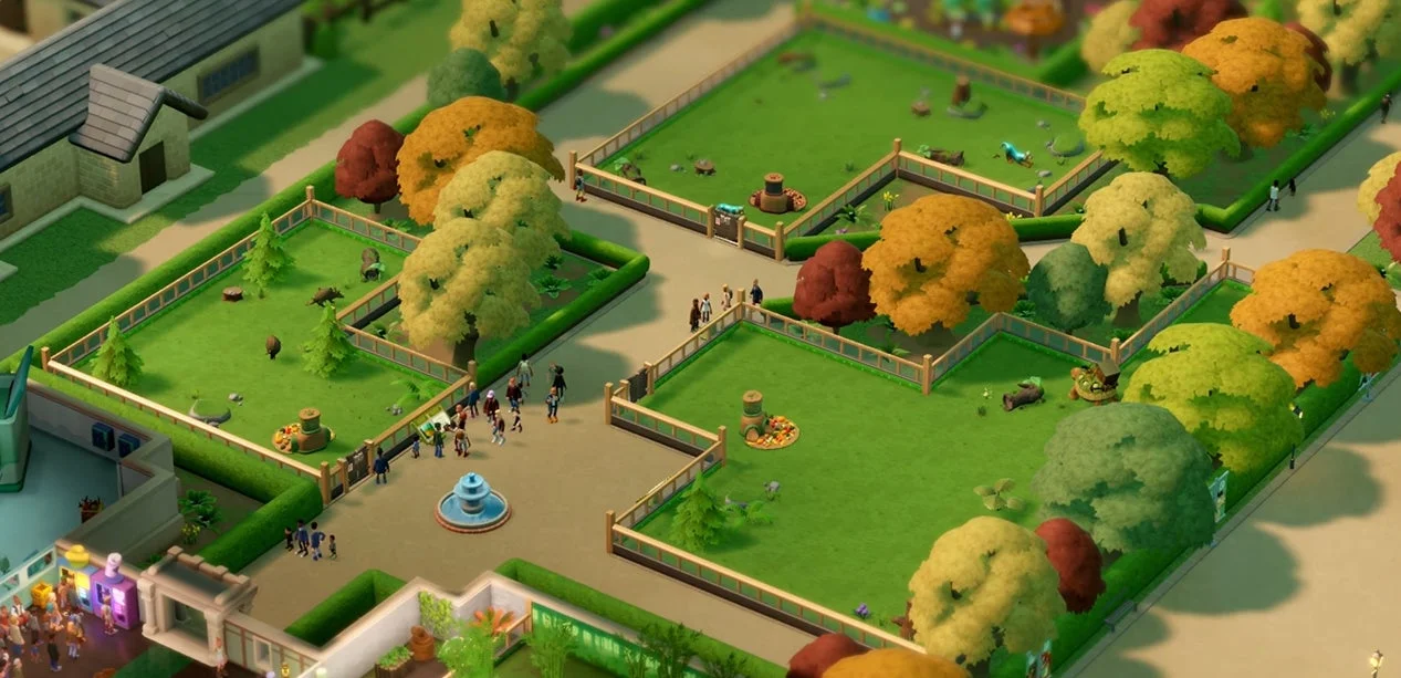 DLC「ズージアム」のゲーム画面。広い屋外の動物展示エリア。