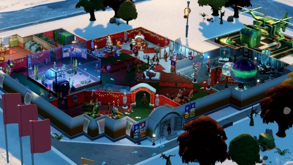 無料アップデート「ジンジャーブレッド村」で追加された冬の装飾が施された博物館の俯瞰図。