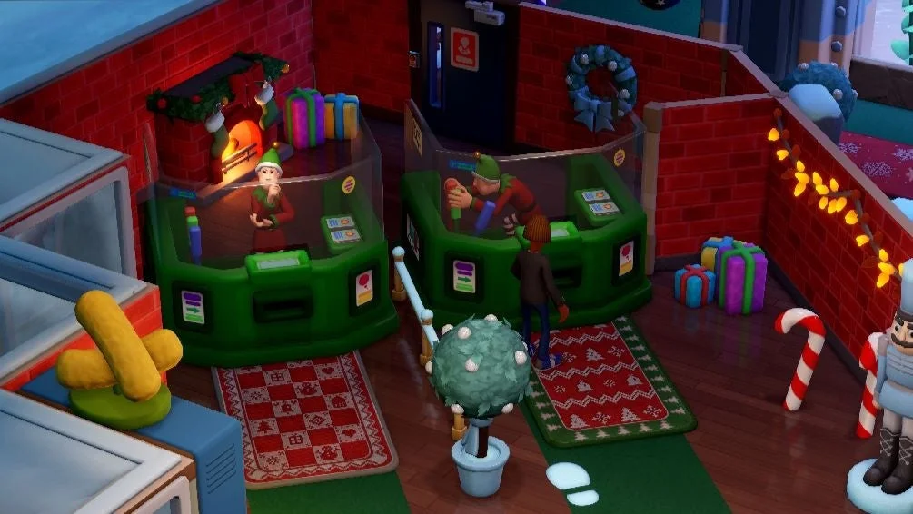 無料アップデート「ジンジャーブレッド村」で追加されたホリデー仕様のスタッフ衣装とクリスマスの装飾品。