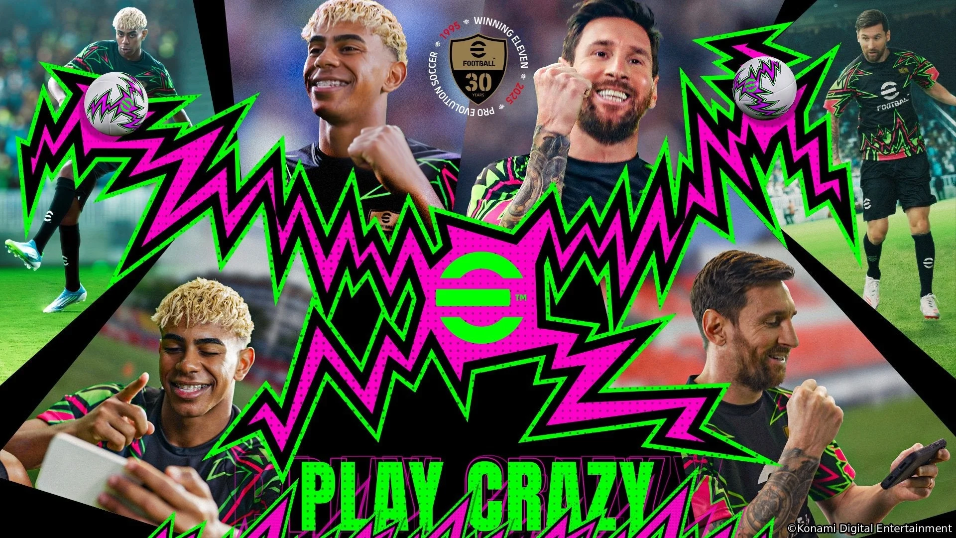 eFootball™のキービジュアル。メッシ選手と『PLAY CRAZY』の文字