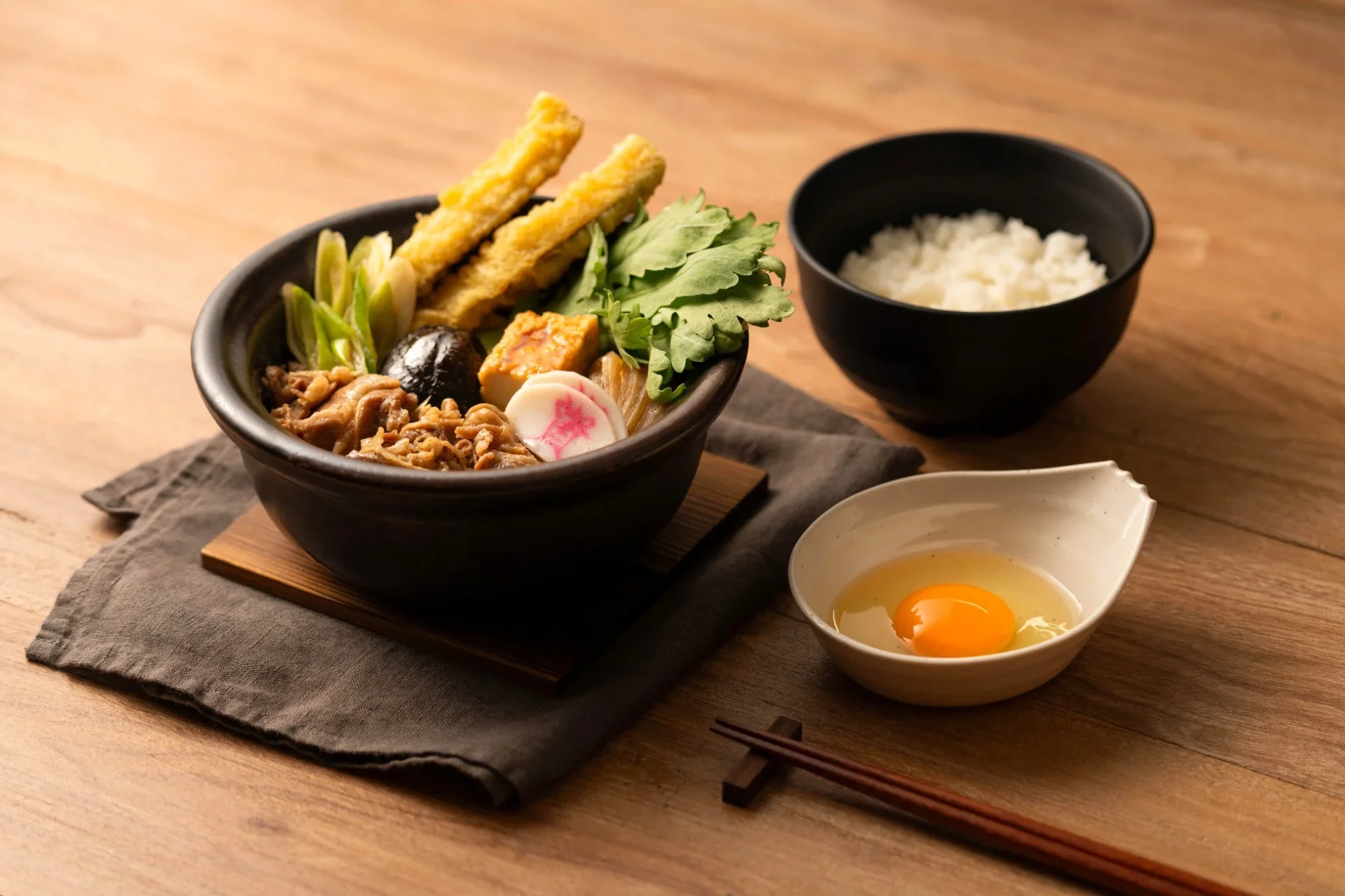 資さんうどんの牛すき鍋うどん、ご飯、生たまごのセット