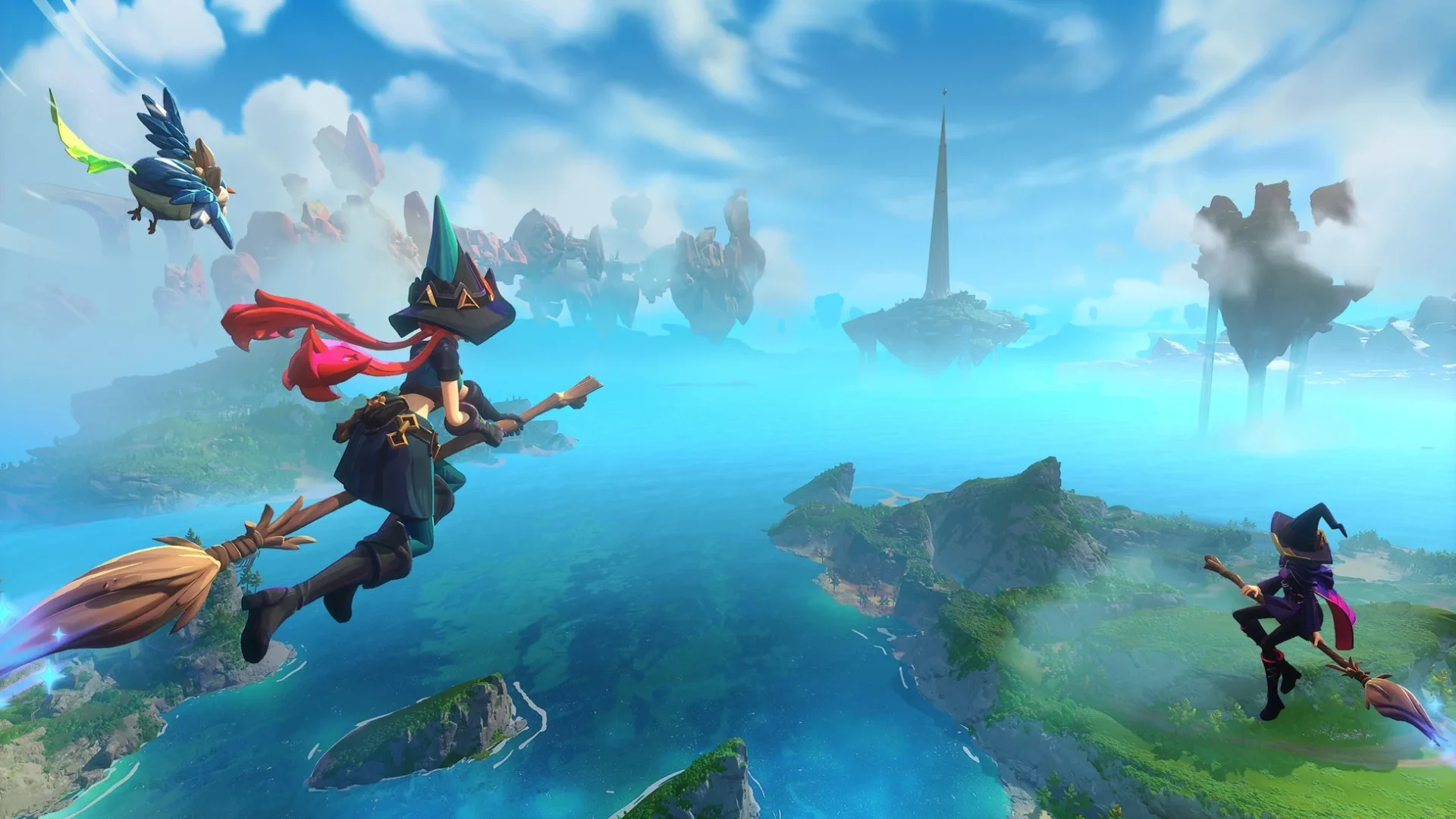 箒に乗って広大なオープンワールドを探索する魔女たち