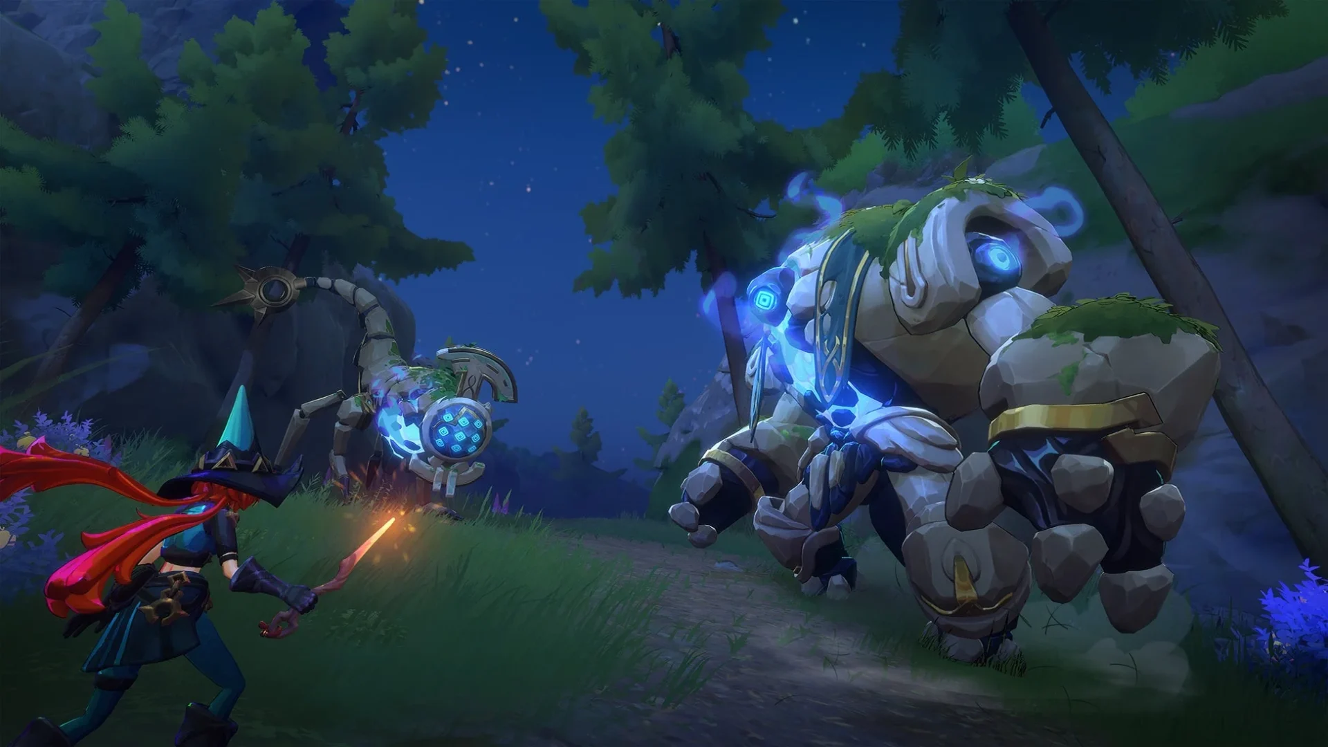 魔女とクリーチャーが協力して戦うバトルシーン