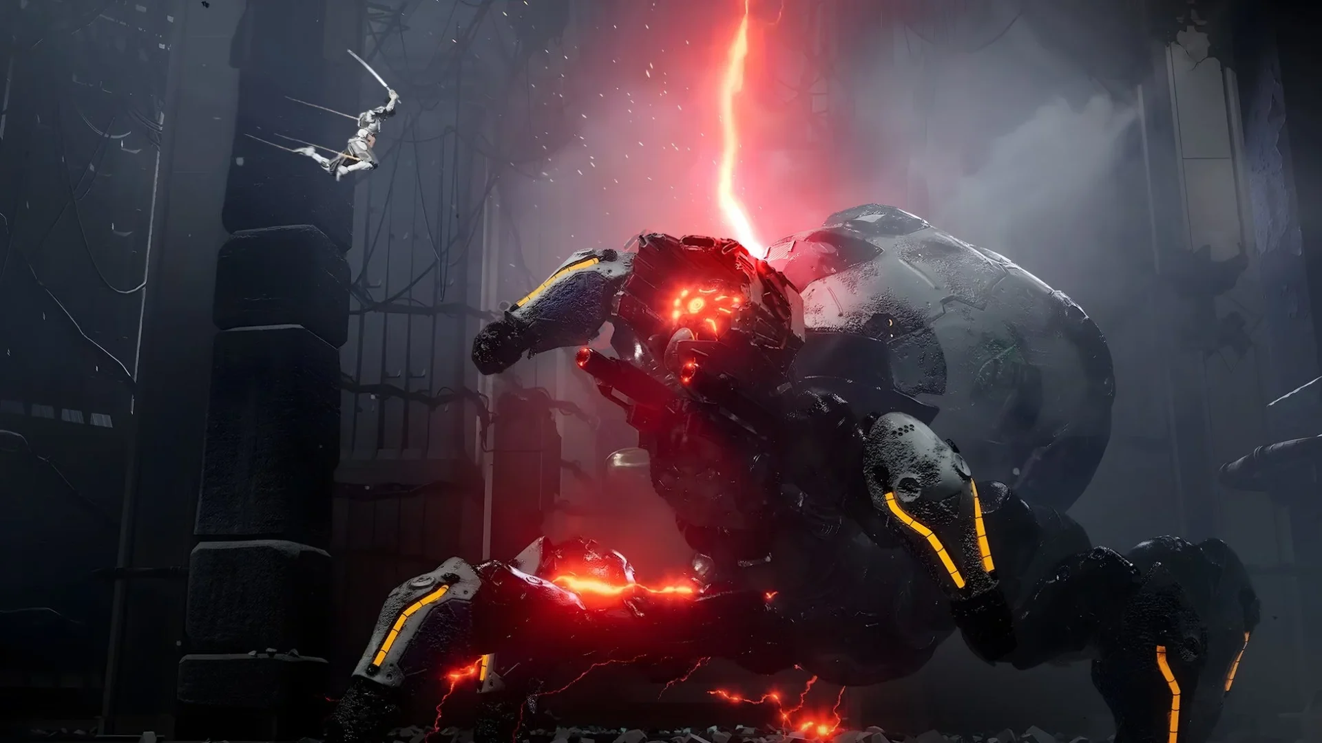 主人公ユズキが巨大な機械のボスと戦うゲーム画面