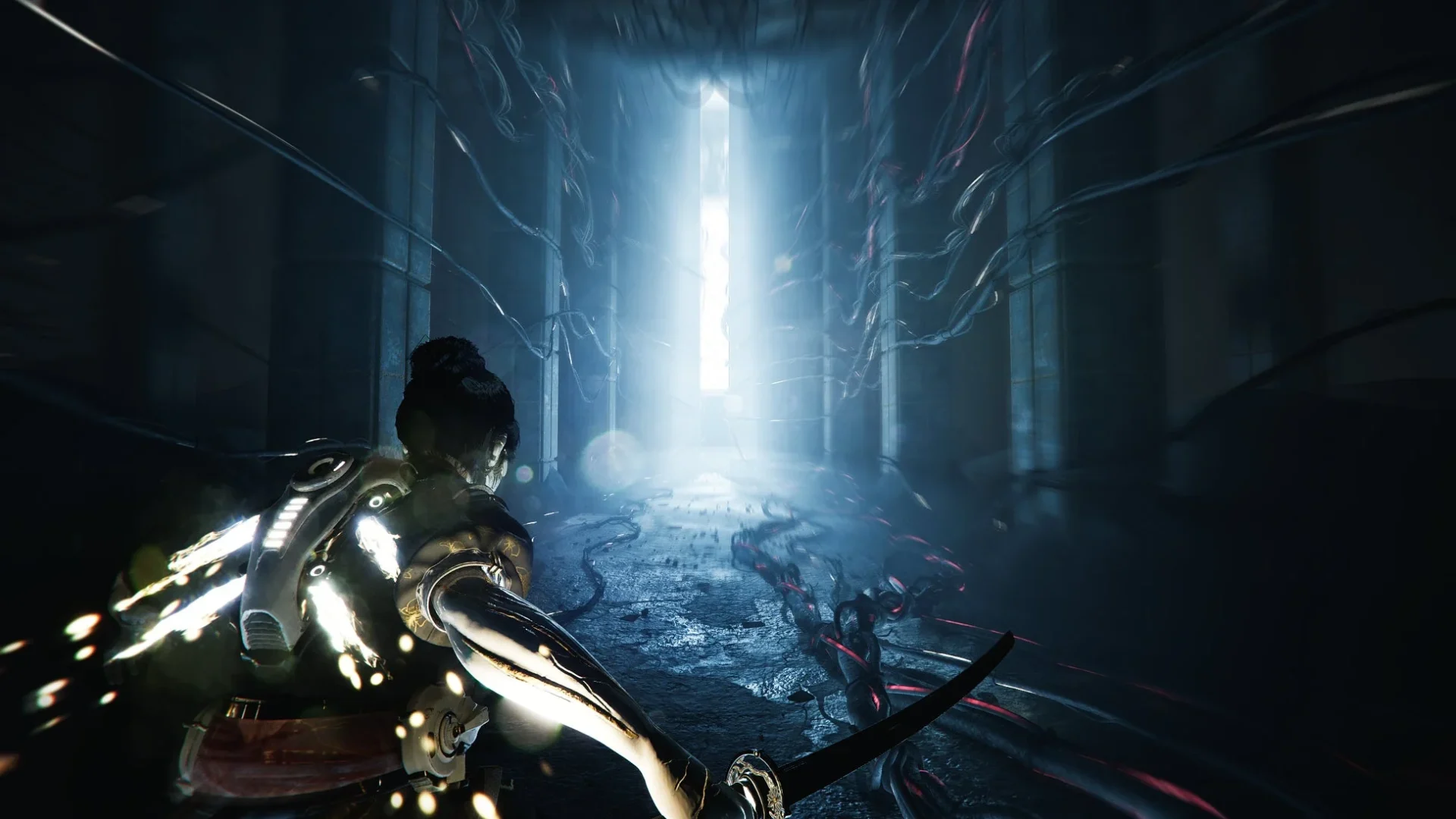 未来的な通路を進む主人公ユズキのゲームプレイ画面