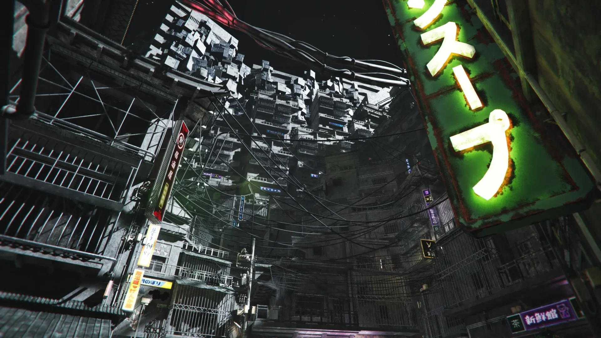 月面に築かれたサイバーパンク風巨大都市の街並み