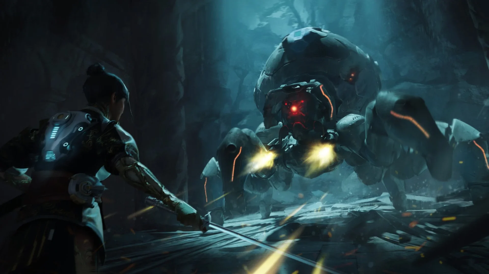 機械の敵と剣で対峙する主人公ユズキのゲーム画面