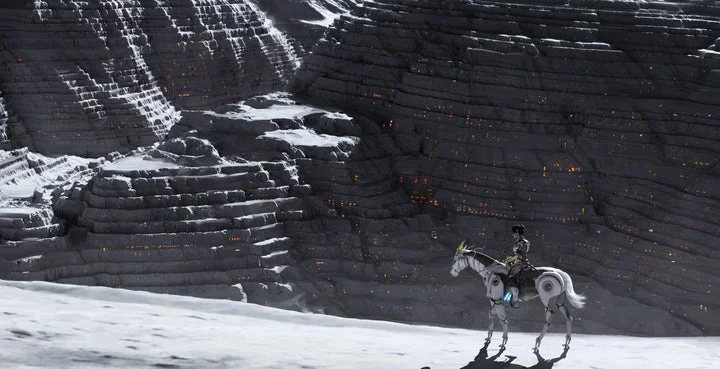 月の荒野をサイバーホースで進む主人公ユズキ