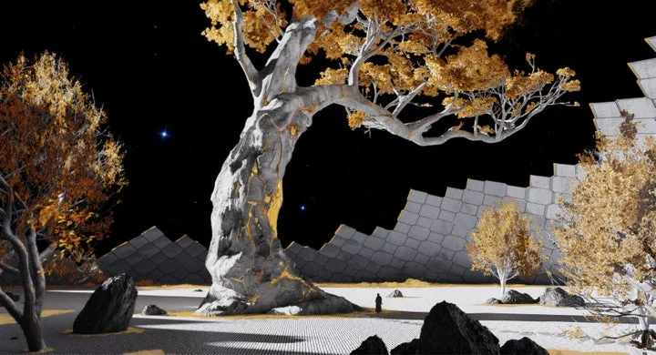 和風とSFが融合した世界観を示す巨大な木と建造物