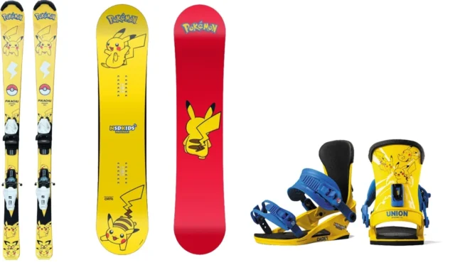 ピカチュウデザインのスキー板、スノーボード板、ビンディング
