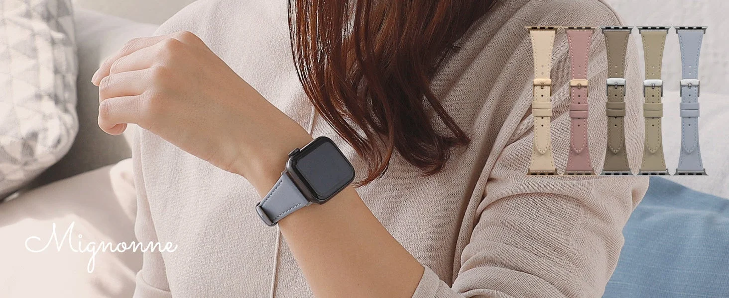 Mignonneスリムレザーバンドの装着イメージとカラーバリエーション。