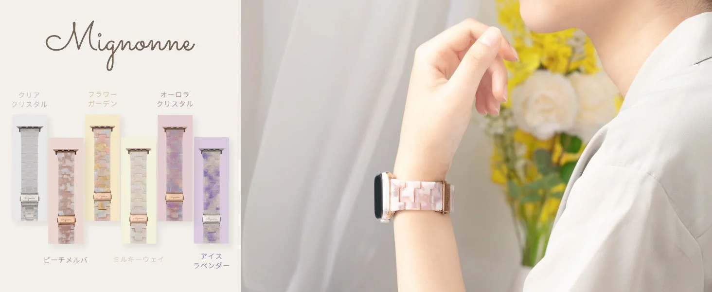 Mignonneキャンディレジンストラップの装着イメージとカラーバリエーション。