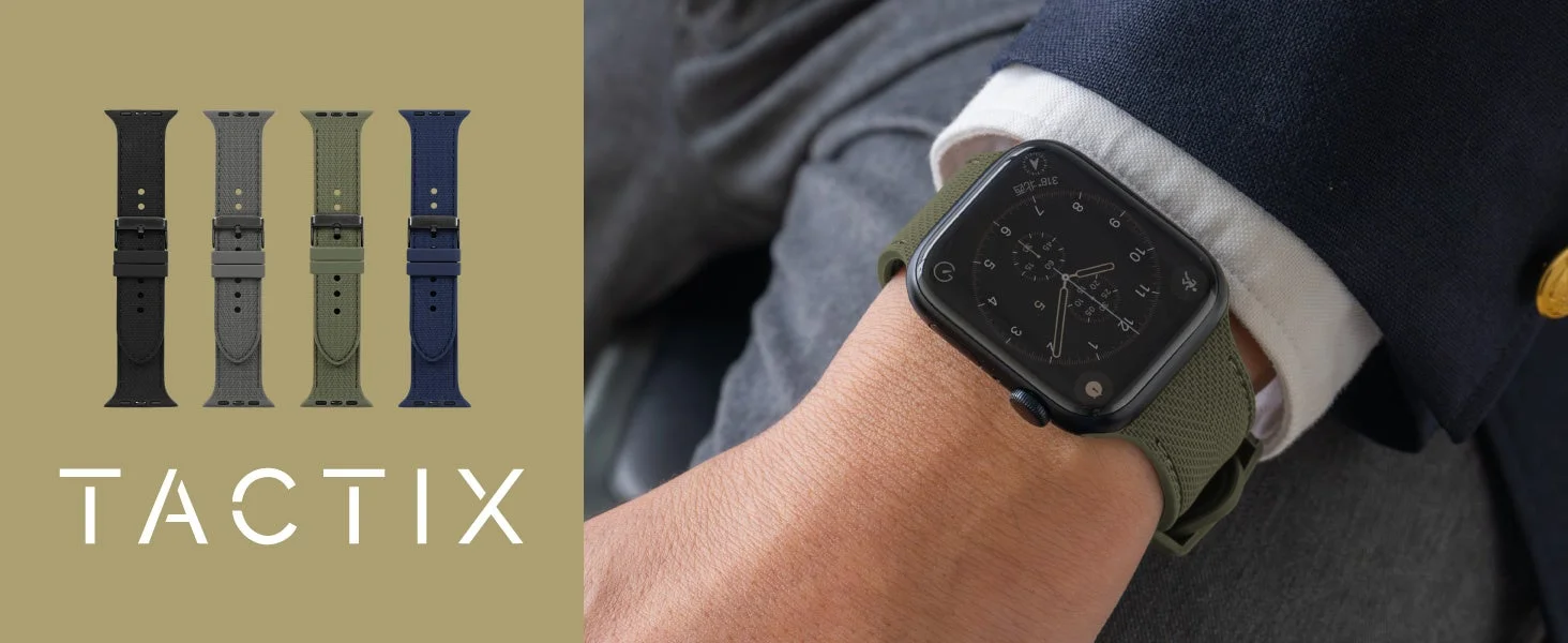 TACTIXレザーライクシリコンバンド(大サイズ)の装着イメージとカラーバリエーション。