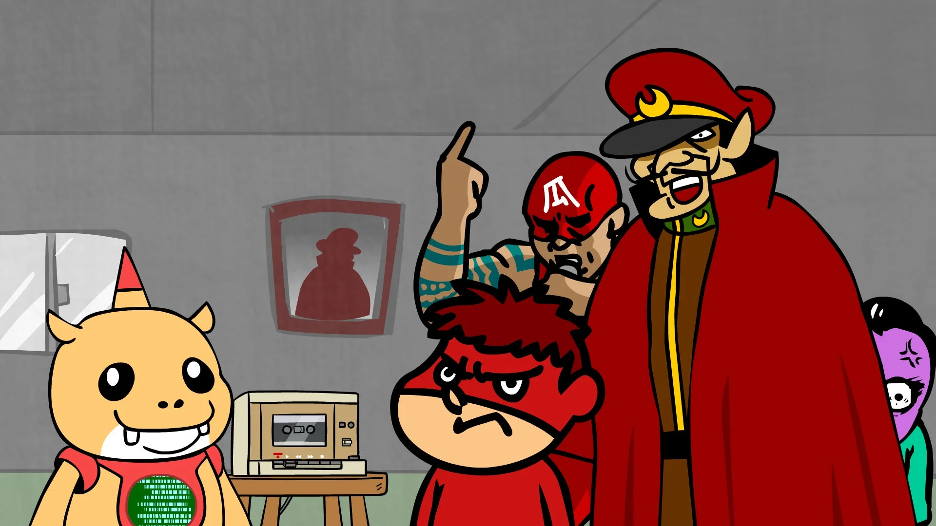 鷹の爪団のメンバーと新キャラクターのヒッポンが会話するシーン