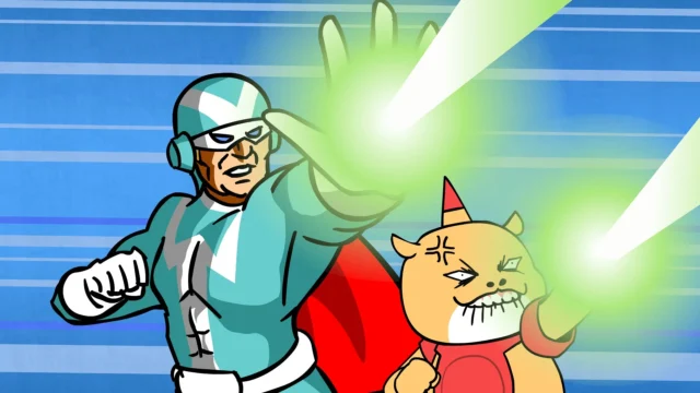 正義の味方デラックスファイターとヒッポンが光線を放つ戦闘シーン