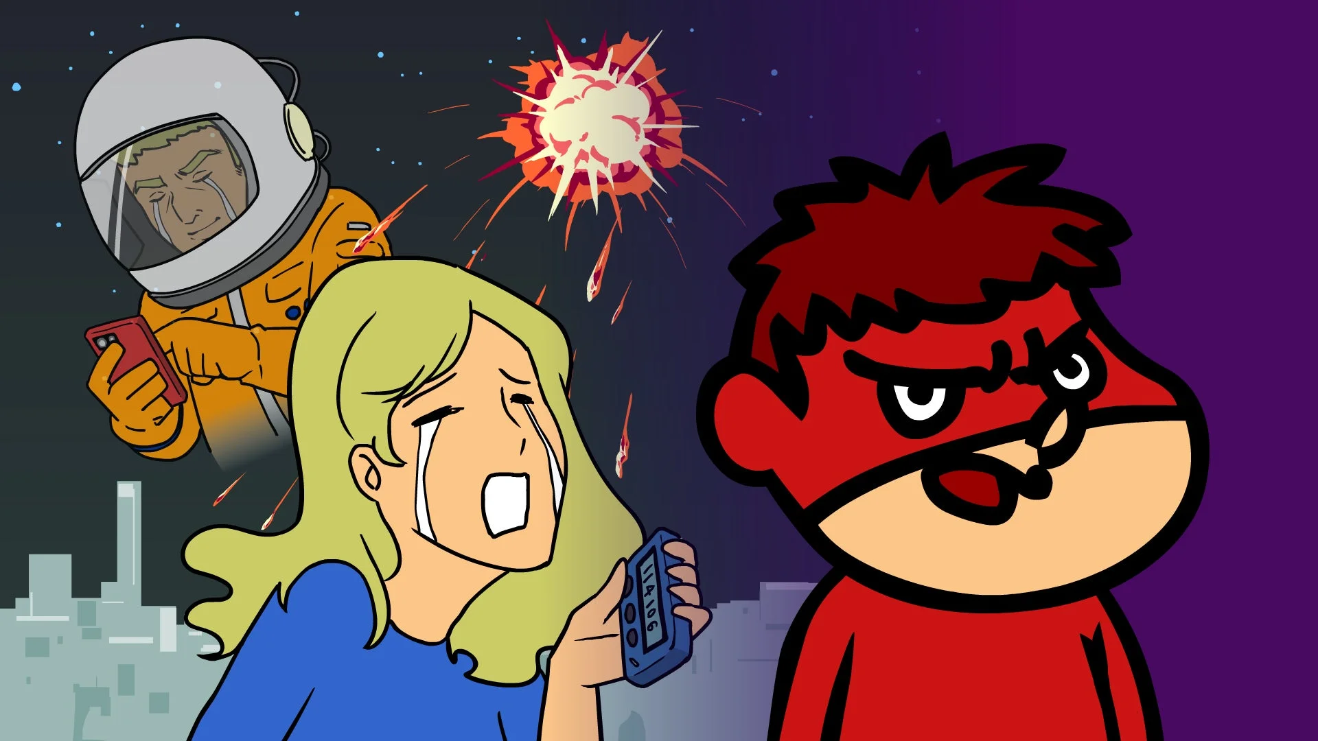 世界征服に失敗し、一般市民が困惑する鷹の爪団のシーン