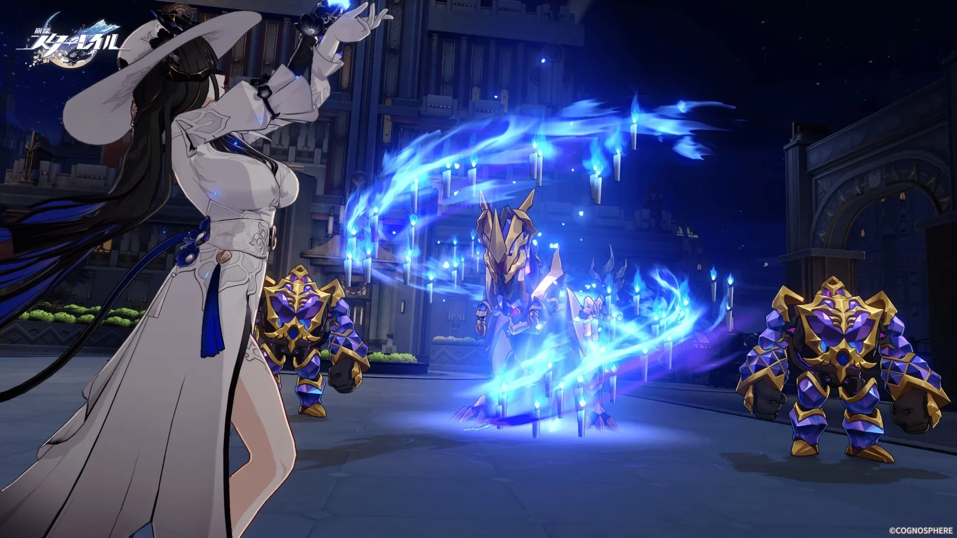 『崩壊：スターレイル』のダリアが青い炎のようなエフェクトで攻撃する戦闘シーン。