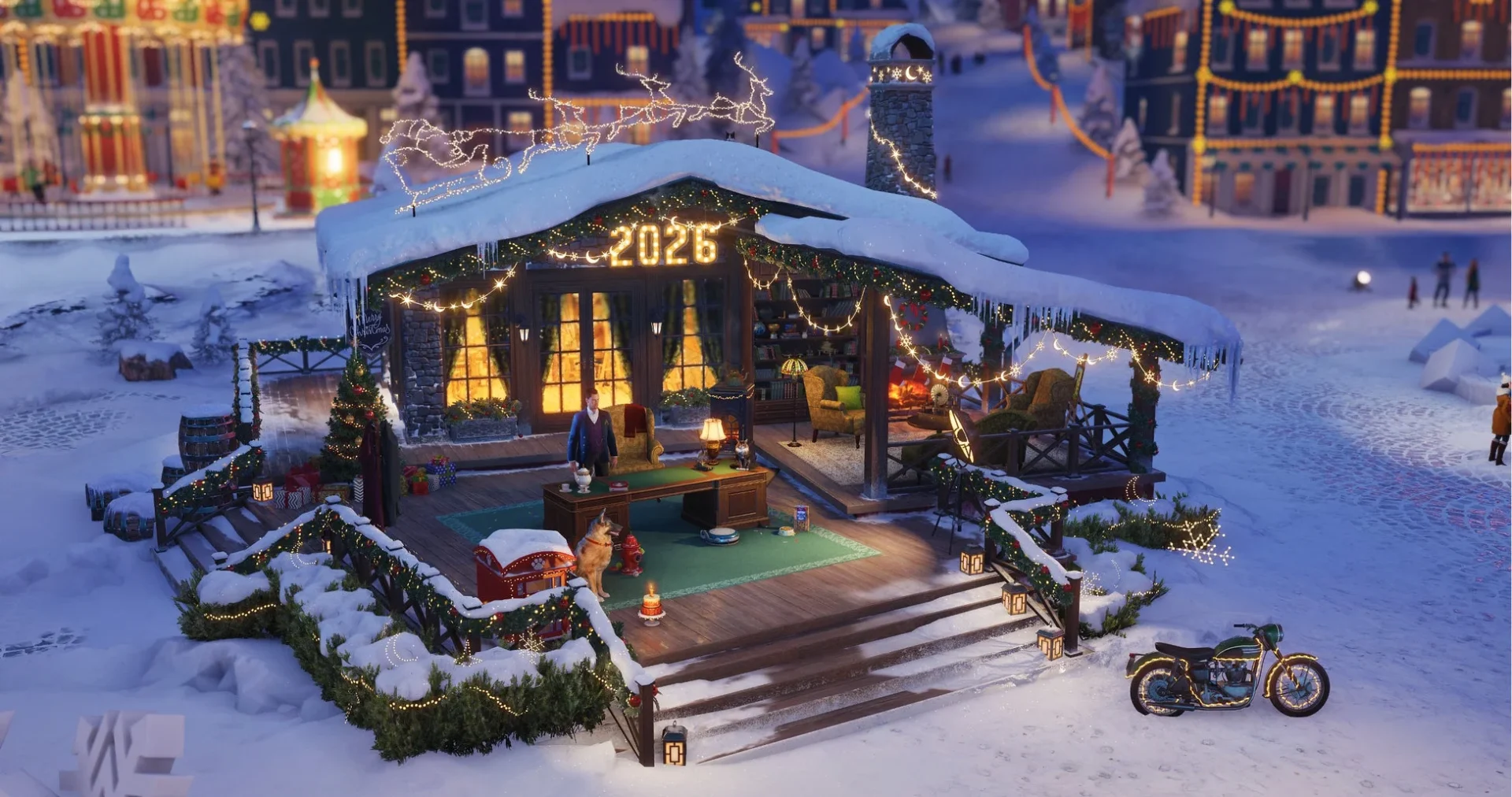 ホリデー作戦2026のイベント拠点「ビレッジ」の全景。雪とイルミネーションで彩られている。