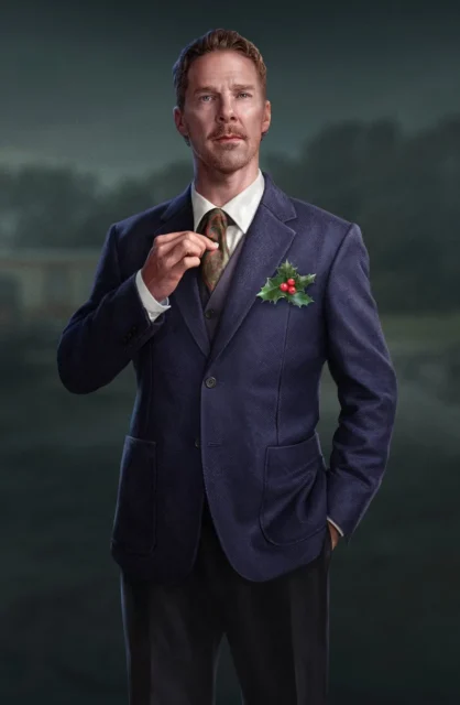 ホリデー衣装を身につけたベネディクト・カンバーバッチの全身像。