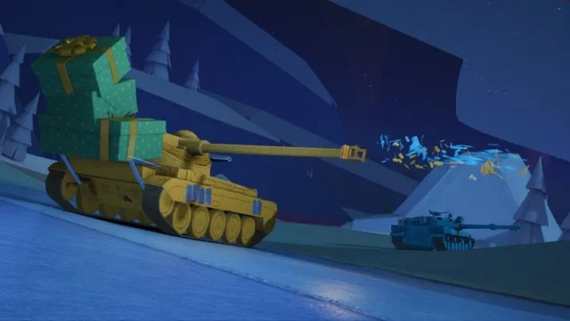 ウィンター・レイドイベントでプレゼントを運ぶ戦車のゲーム画面。