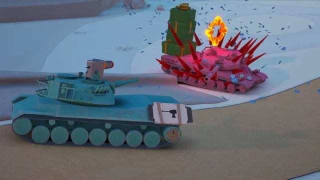 ウィンター・レイドイベントで敵戦車と遭遇するゲーム画面。