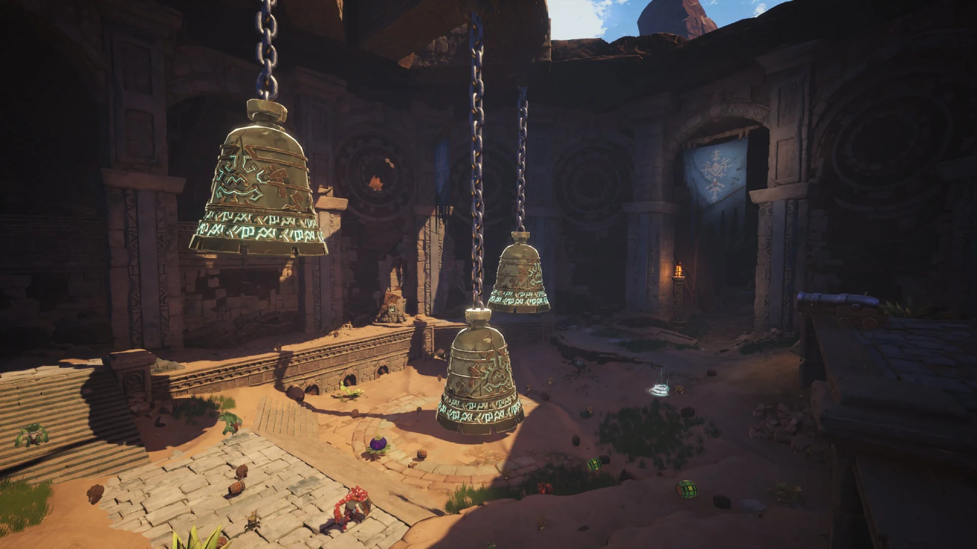 『クラウドハイム』のダンジョン内部。神秘的な鐘が吊るされた遺跡の空間。