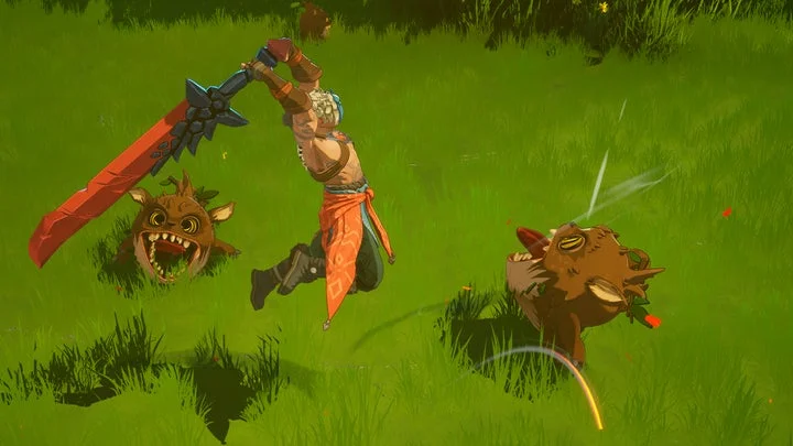 『クラウドハイム』の重量感ある物理演算アクション。剣を振り下ろし敵を攻撃するキャラクター。