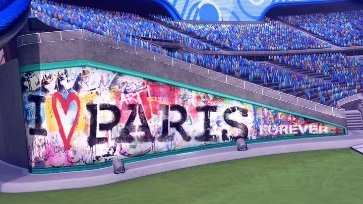 Parc de Parisアリーナの壁に描かれたMr Brainwashによる『I LOVE PARIS』アート