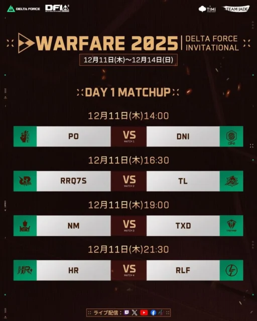 「Delta Force Invitational: Warfare」の初日(12月11日)の対戦カードとスケジュール。