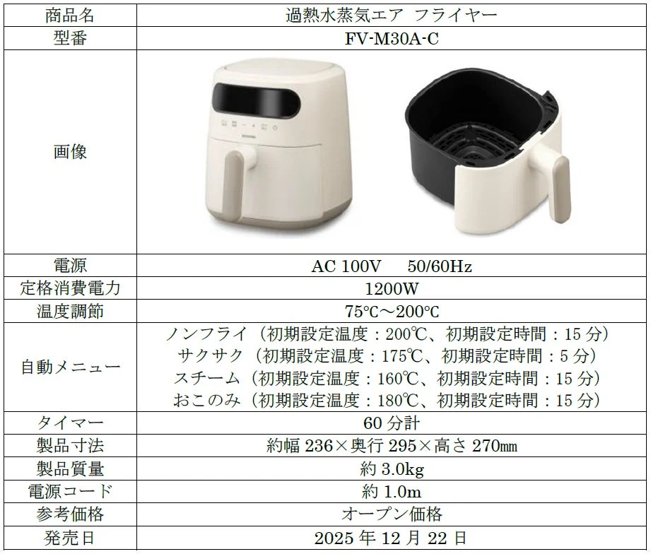 過熱水蒸気エア フライヤーの商品詳細仕様表