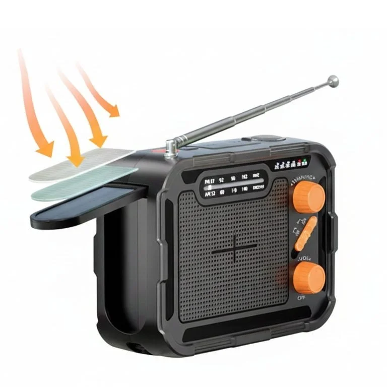 多機能ラジオのソーラーパネルで太陽光充電する様子