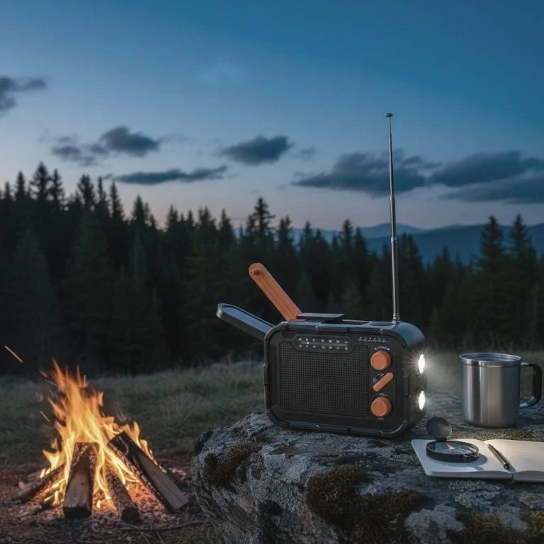 キャンプ場でLEDキャンピングライトが点灯する多機能ラジオ