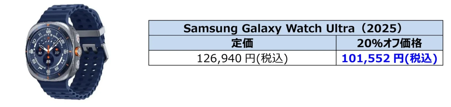 Samsung Galaxy Watch Ultra (2025)の割引適用例。スマートウォッチ画像と価格表。