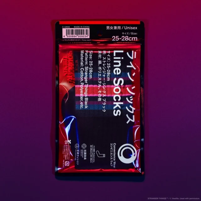 ストレンジャー・シングスデザインのラインソックス(黒)パッケージ表面
