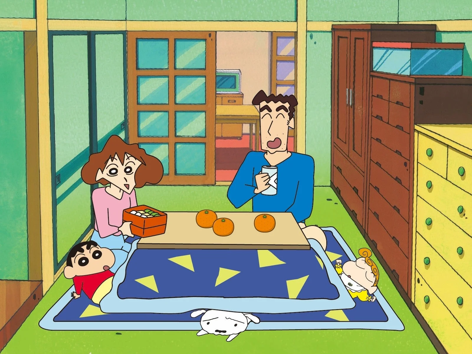 こたつを囲んでくつろぐ野原一家のイラスト