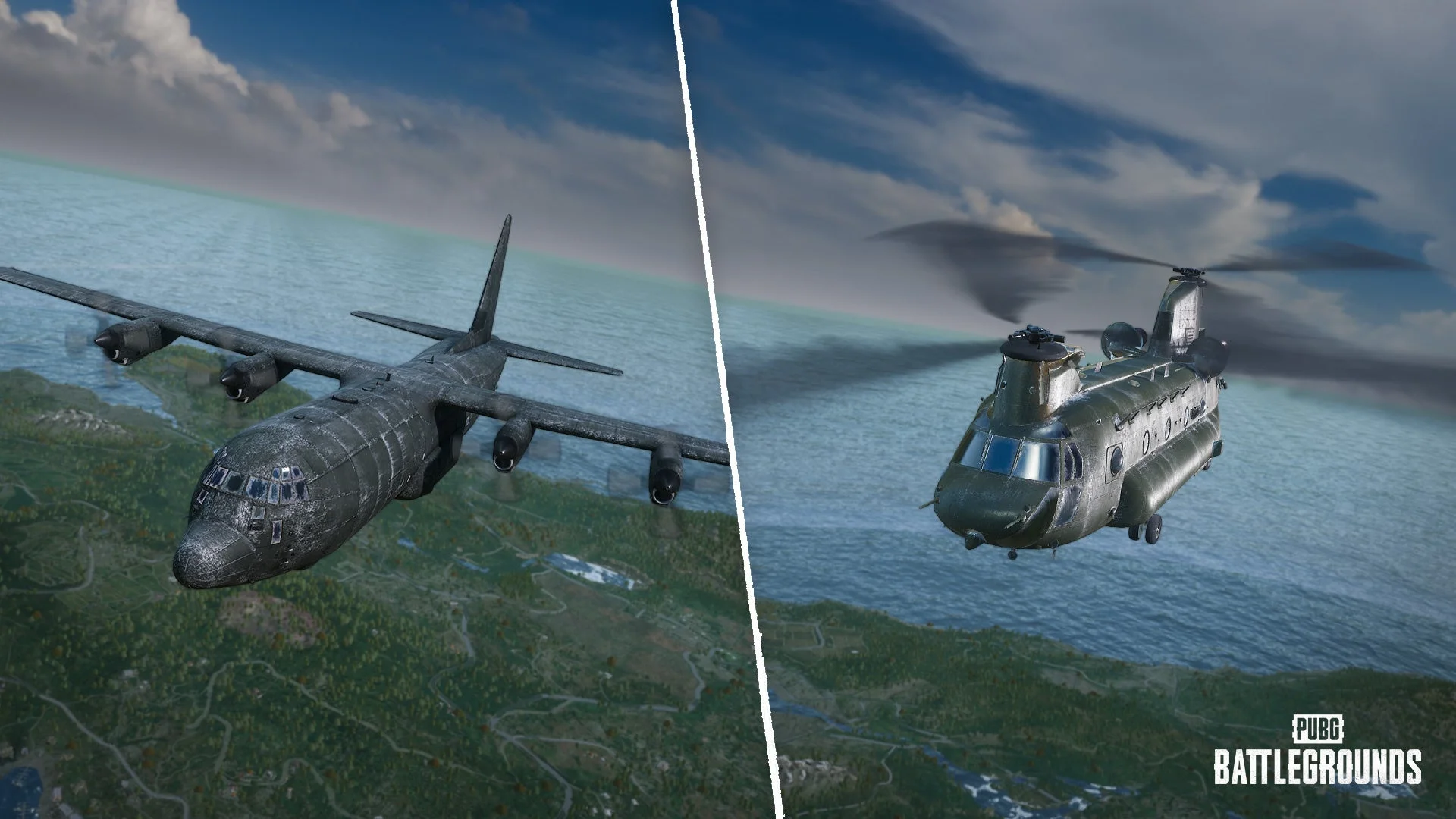 アップデートで外観が変化した輸送機とヘリコプター