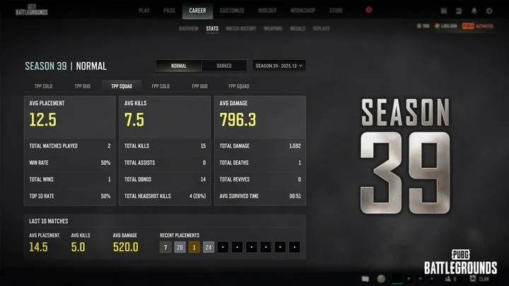 新たなランクシーズン「SEASON 39」の統計画面