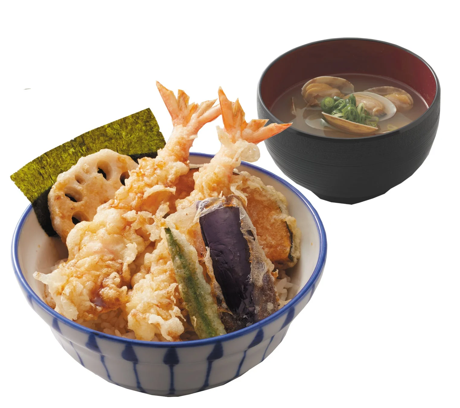 さん天の「上海老天丼＋貝汁（小）セット」の全景。