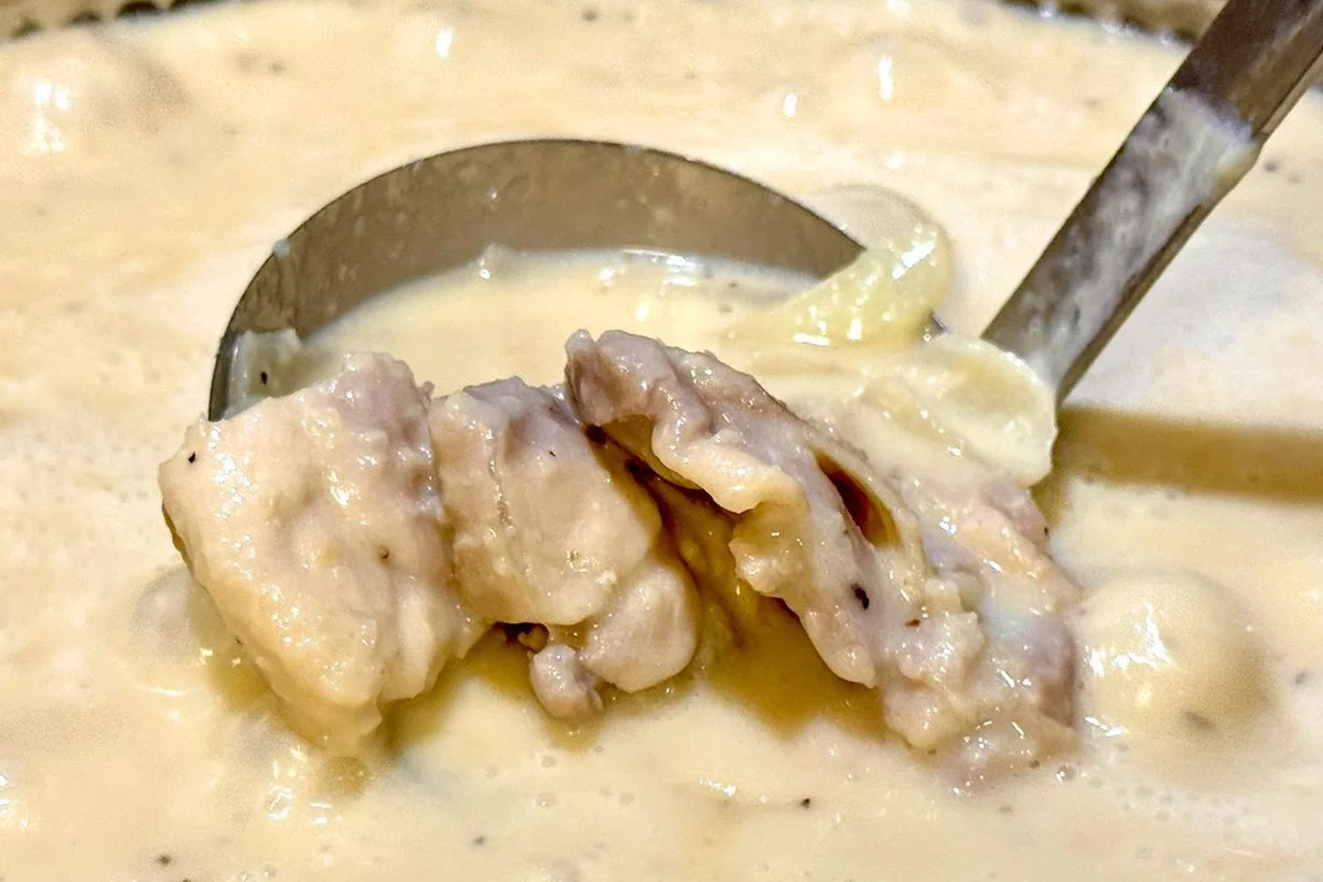 濃厚なホワイトクリームシチューと鶏肉のアップ