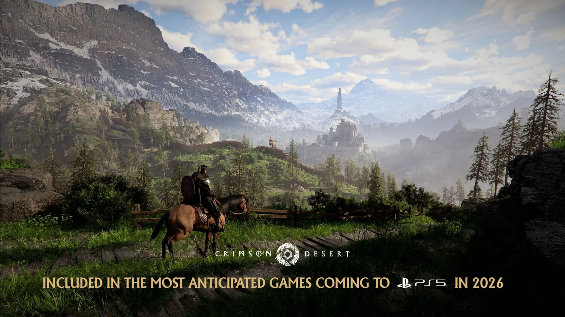 「紅の砂漠」のキービジュアル。馬に乗ったキャラクターが広大なオープンワールドと遠くの城を眺める。PS5の注目タイトル選出を示すテキスト入り。